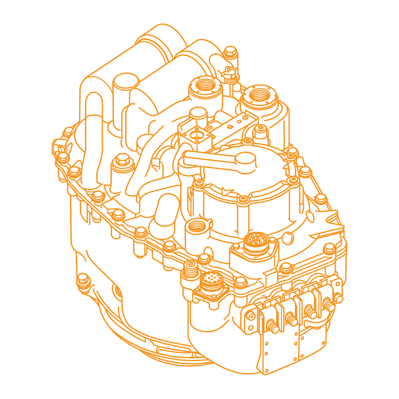 Advanced's orange technical illustration of an integrated drive generator and its end housing