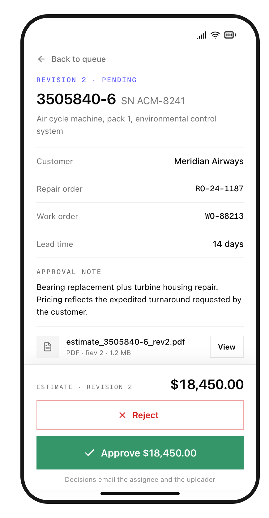 Athena's published product preview showing an air cycle machine repair estimate, attached PDF, and approve or reject controls