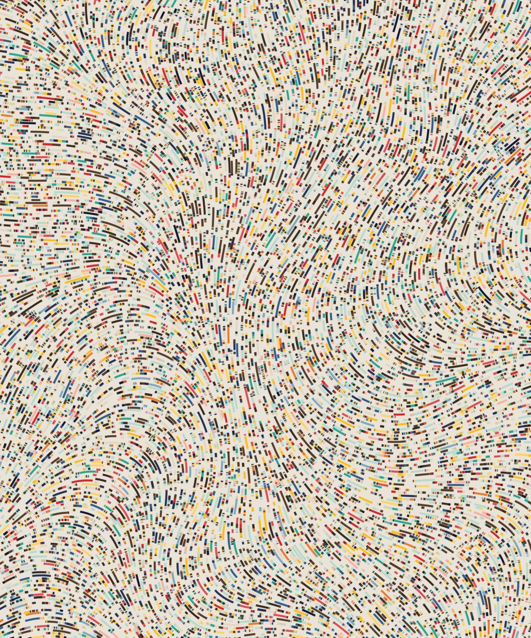 Fidenza number 724 by Tyler Hobbs: densely flowing bands of small colored rectangles on a cream background