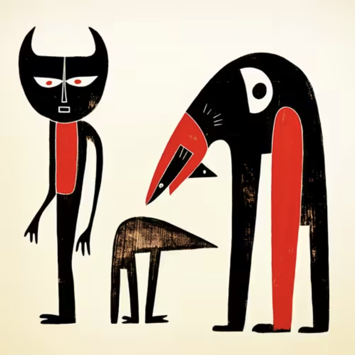 Helena Sarin artwork: the left figure's black face with pointed horns, white eyes, and red pupils against cream